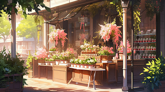 堆满盆栽花朵的木屋卡通商店图片