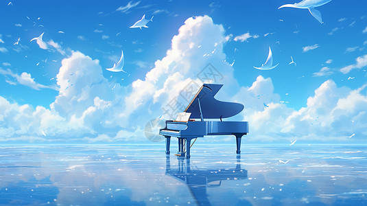 梦幻平静的蓝色海面上一架浪漫的钢琴图片