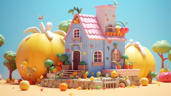 有巨大水果的粉色屋顶立体卡通小房子图片
