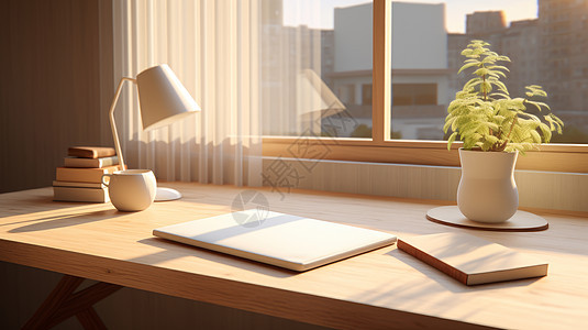 阳光洒在窗前木制书桌上图片