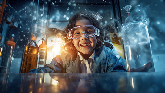 戴透明眼镜在实验室做科学实验的小科学家图片