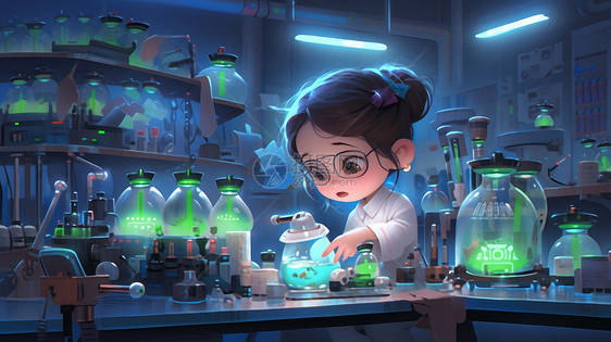 戴眼镜的卡通女科学家在实验室做实验图片