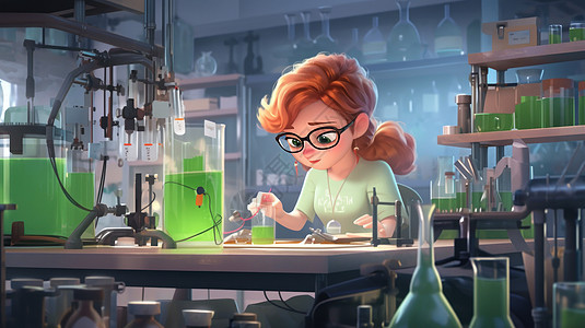 戴着黑框眼镜在实验室忙碌的卡通女科学家图片