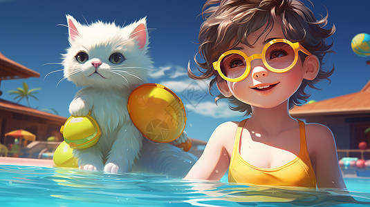 戴着黄色眼镜的卡通女孩与白色猫在泳池游泳图片
