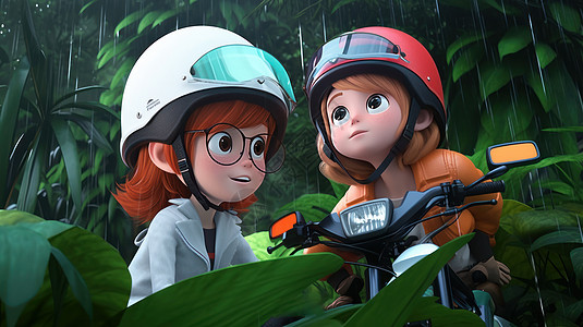 下雨两个戴头盔的卡通小朋友在树林中探险图片