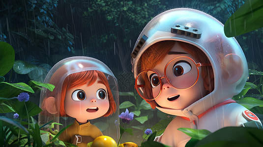 大雨中在丛林中探险的两个卡通小朋友图片