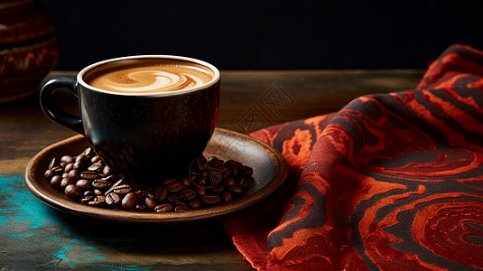 优雅复古的咖啡杯中装满咖啡盘子中咖啡豆图片