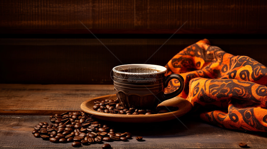 复古优雅的咖啡杯中装满咖啡盘中装满咖啡豆图片