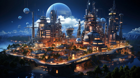 夜晚科幻灯火通明的立体卡通科幻城市图片