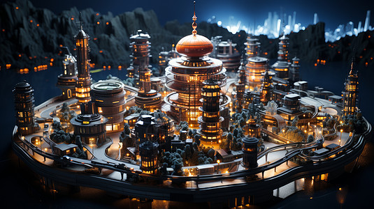 夜晚灯火通明的现代建筑科幻的城市小岛图片