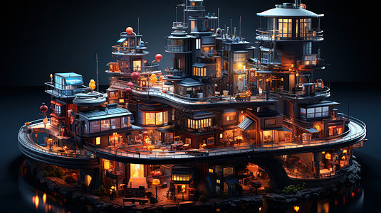 夜晚灯火通明的卡通科幻多层城市建筑群背景图片