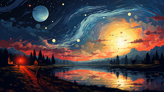 傍晚天空夕阳下美丽的湖边迷人的卡通星空景色插画