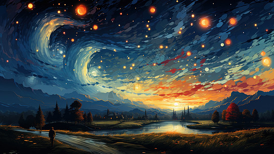 傍晚的星空迷人魅力的卡通景色图片