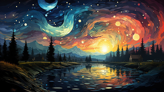 傍晚梦幻星空阳光撒在森林中的湖泊上唯美卡通风景图片