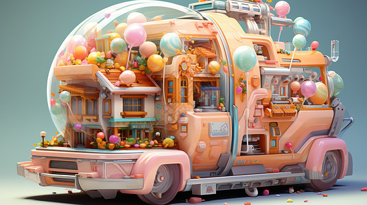 粉色汽车上可爱的糖果房屋商店图片