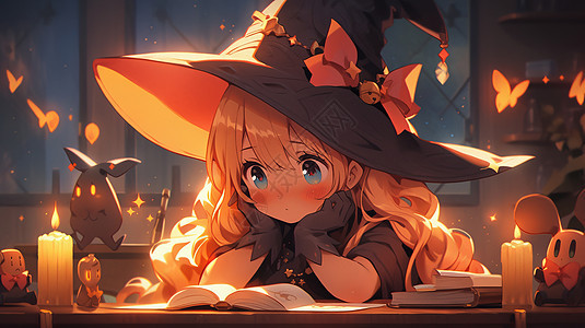 夜晚在烛光下看书的卡通小女巫图片