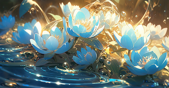 蓝白色花朵水中唯美花卉插画图片