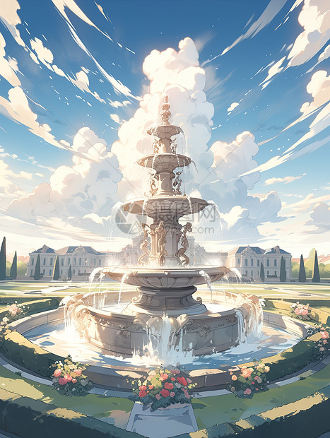 凡尔赛花园大理石雕塑喷泉小清新插画图片