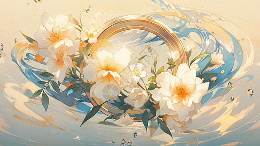 唯美橙白色花朵水中梦幻卡通插画图片