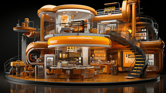 时尚现代立体卡通建筑双层咖啡厅背景图片