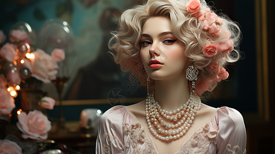 华丽装扮戴着珍珠项链的金色卷发女人背景图片