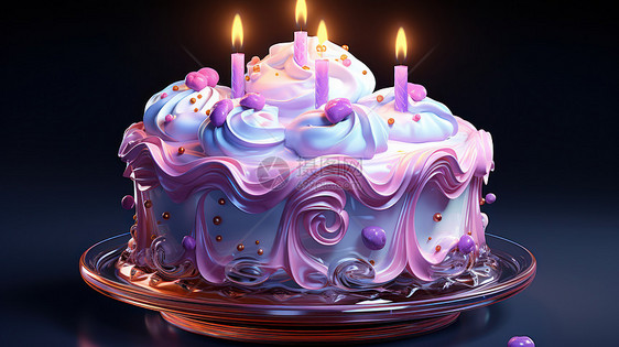 在盘子中点燃蜡烛的精致卡通蛋糕图片