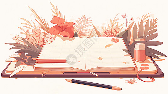 杂志打开打开的本子旁边一根笔卡通花朵植物围绕在本子上插画