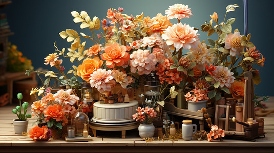 柜子上放满各种盆栽开满美丽的卡通花朵图片