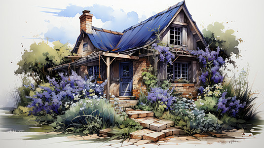 紫色屋顶房前屋后开满鲜花的卡通水彩木屋图片