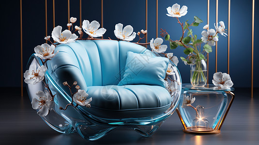 透明水晶蓝色真皮花朵沙发在客厅图片