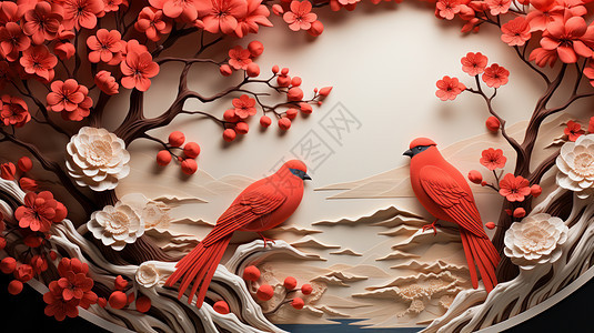 开满红色花朵的树与两只红色小鸟喜庆剪纸风图片