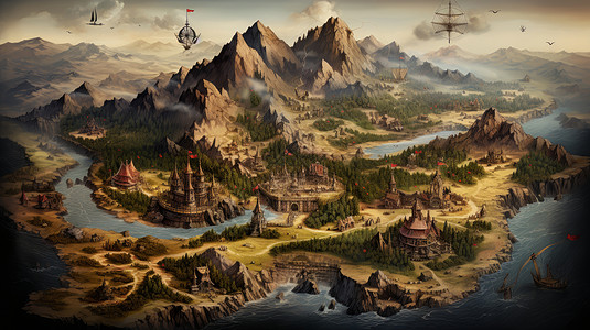 高高的山与河流复古城堡卡通游戏地图图片