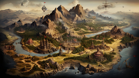 高高的山与河流复古城堡卡通游戏地图图片