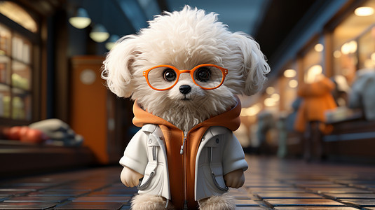 穿着时尚卫衣戴着橙色眼镜框的拟人化卡通小奶狗图片