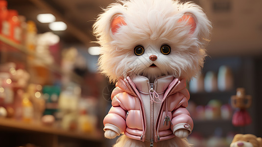 穿着粉色皮衣在商店中毛茸茸的拟人化卡通小白狗图片