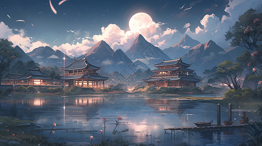 湖边景色月光下湖边卡通古风建筑唯美的景色插画