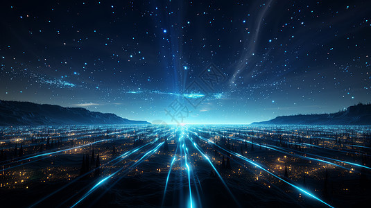 科幻夜晚天空与大地之间神秘的发光蓝色粒子图片