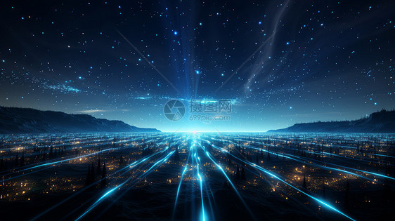科幻夜晚天空与大地之间神秘的发光蓝色粒子图片