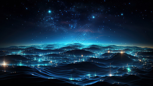 梦幻的星空与大地上遍布着蓝色发光粒子图片