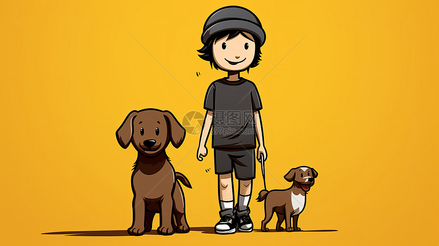 戴着帽子的卡通男孩与两只狗在散步图片