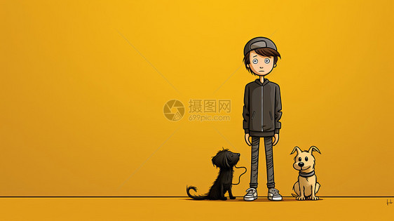 站着发呆的卡通男孩与一只卡通黑狗和卡通白狗图片