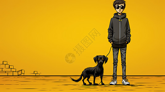 戴着墨镜帅气的男孩与一只卡通小黑狗图片