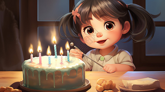 在点燃生日蜡烛前的卡通小女孩图片