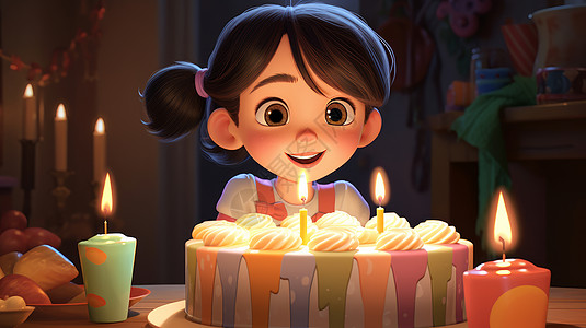 开心过生日的卡通女孩看着生日蜡烛图片