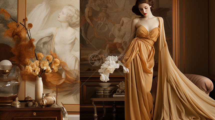 优雅时尚的复古美女站在客厅中图片