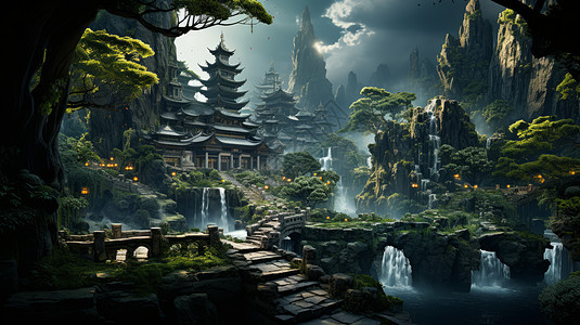 风景秀丽的瀑布旁几座古风建筑群卡通风景背景图片