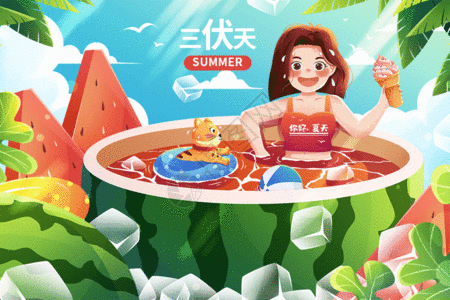 清新夏季三伏天女孩与猫GIF高清图片