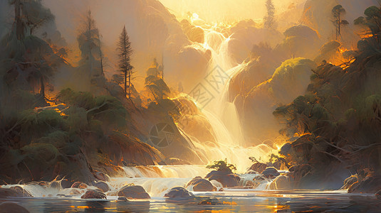 高高的山川中一条金黄色的瀑布卡通风景图片