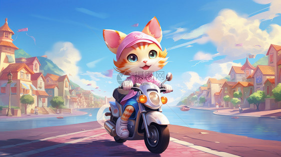 骑电动车开心的卡通小猫图片