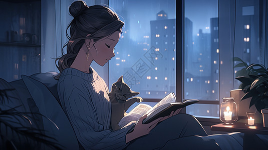夜晚在窗前抱着猫看书的卡通女人图片